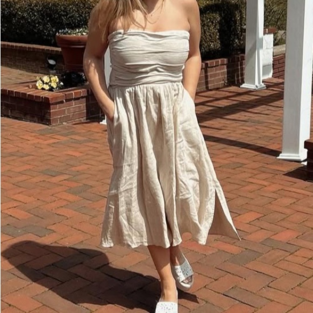 DISSH Strapless Linen Dress in Light Tan